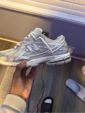 New Balance White and Silver Mesh Athletic Sneakers